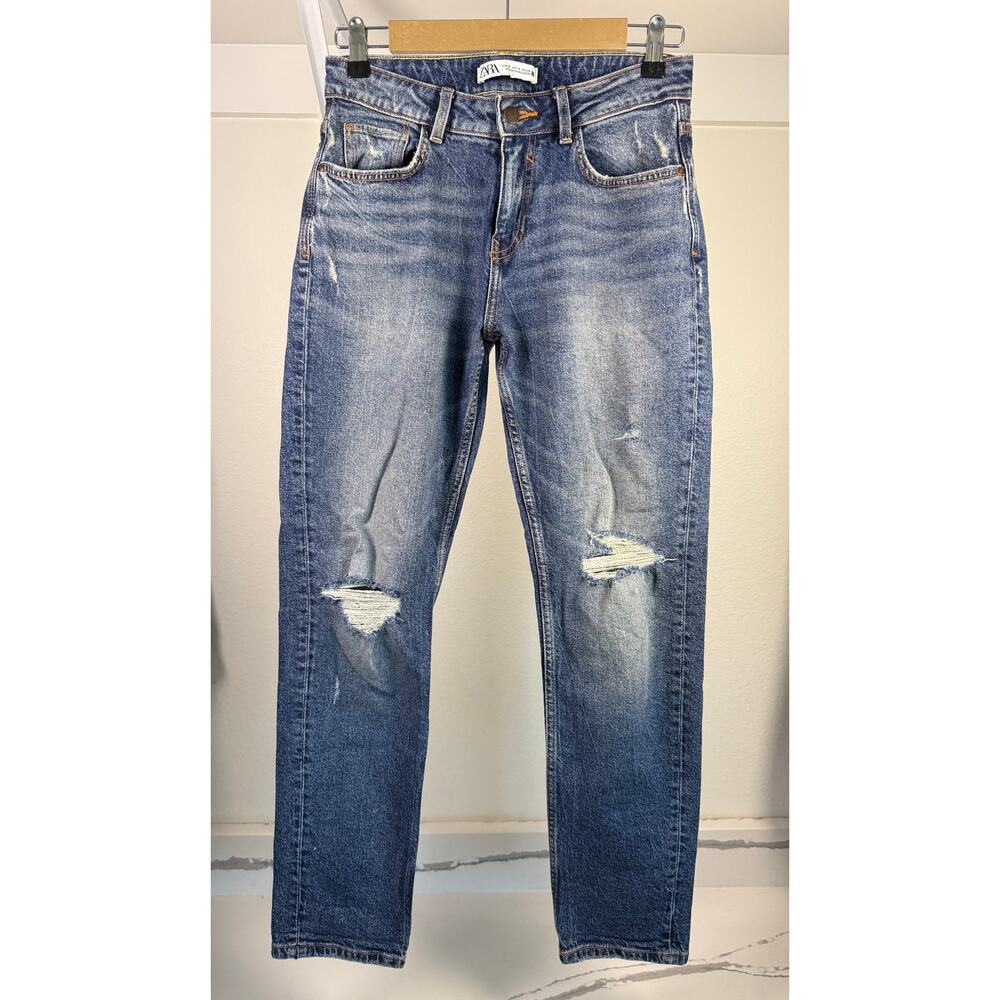 Zara Slim Straight Leg Jeans Distressed Medium Wash Size 4 Women's